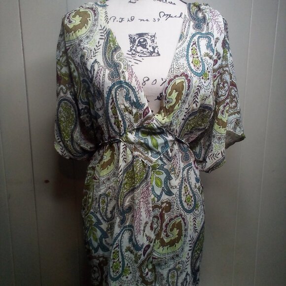 Paper Tee Blouse XL V-Neck Sheer Paisley Green Brown Blue - Picture 9 of 13
